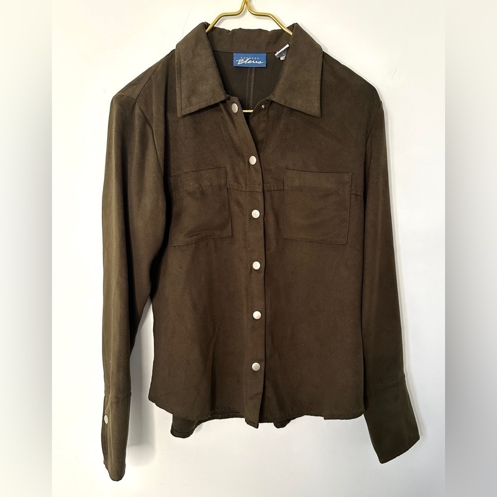 Vintage Express Bleus Green Faux Suede Long Sleeve Snap Front Shirt Sz Medium